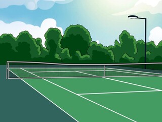 Empty Outdoor Tennis court, sport field with net on green lawn, blue sky, sunny day, illustration background