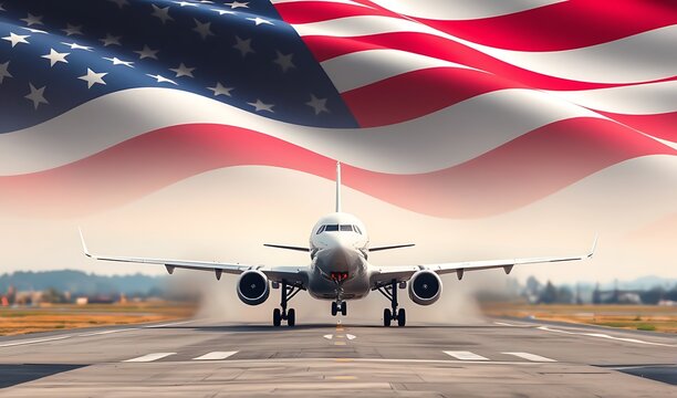 Modern Airplane on Runway: Taking Off with US Flag in Background. AI Generated