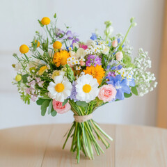 Wall Mural - vibrant hand tied bouquet featuring colorful flowers like daisies, roses, and wildflowers, perfect for summer celebrations and garden events