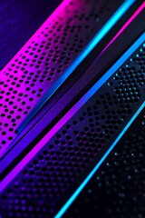 Wall Mural - Abstract close-up of metallic strips with vibrant purple and blue lighting, showcasing intricate patterns and textures against a dark background that enhances depth and dimension.