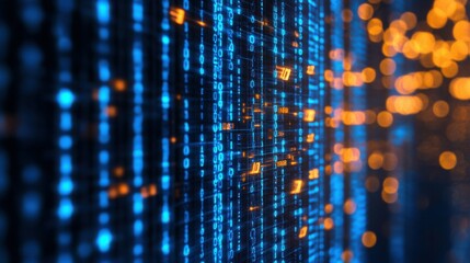 Digital abstract circuit with blue binary code, high-tech and futuristic, detailed and complex, sense of innovation, modern and advanced design