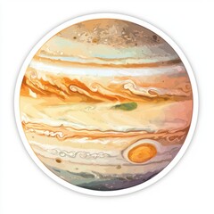 Wall Mural - A round sticker design with a pastel watercolor illustration of the planet Jupiter, a simple flat design