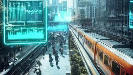 future high-speed railway network. The buildings around have a modern architectural style, surrounded by greenery. Digital displays show various icons representing smart urban energy use, 