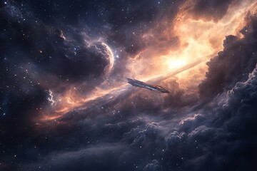 Wall Mural - a cosmic scene featuring a spaceship amidst vibrant nebulae and celestial bodies.