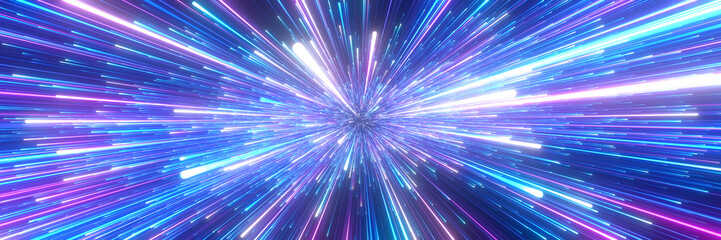 Wall Mural - bright radial light beams. abstract background in blue and purple neon glow color. light burst in un