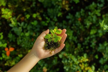 Wall Mural - A child's hand holds a young plant on a green nature background. Earth day concept eco
