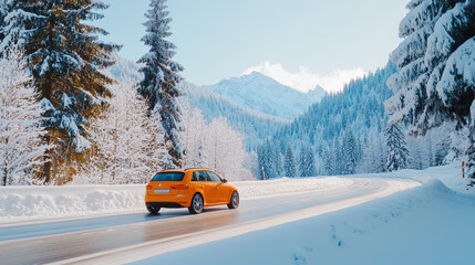 Wall Mural - vibrant orange car drives along snowy road surrounded by tall evergreen trees and majestic mountains. winter landscape creates serene and picturesque scene