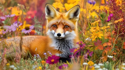 Adorable red fox lounging among vibrant wildflowers in a colorful autumn landscape displaying a serene wildlife moment capturing the beauty of nature in fall.