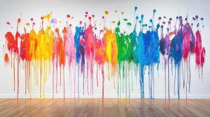 a colorful wall mural showcasing an array of paint splatters in vibrant hues, creating a dynamic and
