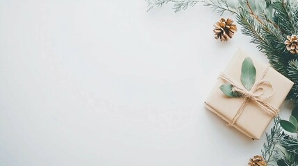 Wall Mural - Beautifully Wrapped Gift Box with Natural Garnishes, Pine Cones, and Greenery on a Clean White Background for Seasonal Celebrations and Special Occasions