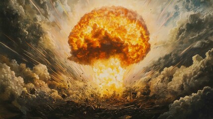 Wall Mural - terrible explosion of a nuclear bomb with a mushroom in the desert. hydrogen bomb test. nuclear cata