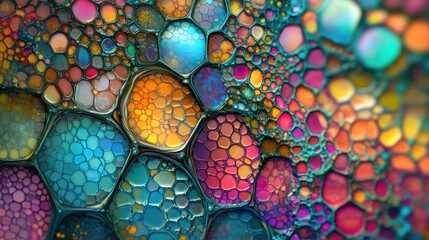 Vibrant abstract digital background showcasing intricate hexagonal patterns filled with an array of colorful bubbles and gradients, creating a mesmerizing visual effect.