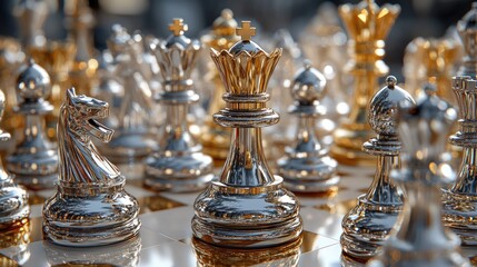 Chess competition showcasing elegant golden and silver kings among a sea of ornate silver and gold chess pieces, representing strategy, teamwork, and victory.