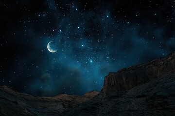 starry sky with half moon in scenic cloudscape