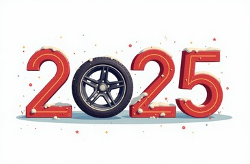 numbers 2025 in the snow-covered forest with a tire replacing the 0