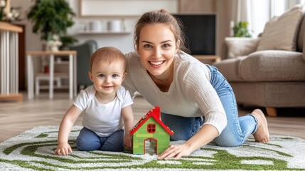 Wall Mural - Happy Mother and Baby Playing with Toy House