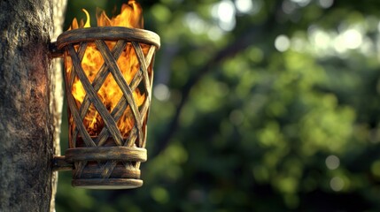 Poster - Illuminated wooden torch on tree forest digital art natural setting close-up view fantasy vibe