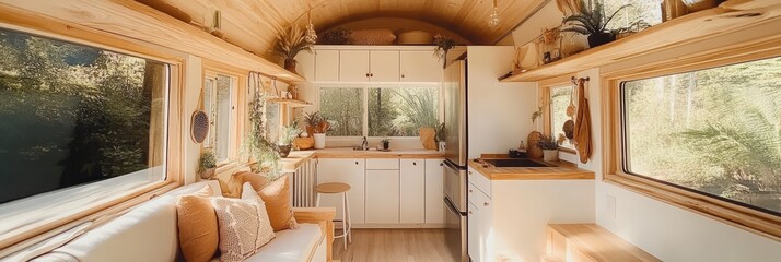 Wall Mural - Beautiful tiny house interior with natural light. Minimalist kitchen in cozy wooden camper van home.