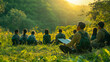 © Yauheniya - Group of diverse individuals engaged in mindfulness meditation in a lush green landscape during sunset. Generative AI