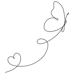 Wall Mural - Butterfly with heart shape continuous line drawn. Vector illustration isolated on white.
