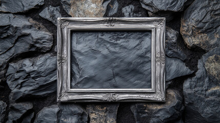 Wall Mural - Rectangular black metal frame against a dark stone wall.