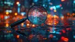 © M_H_L - A magnifying glass with a digital circuit board pattern in the lens, reflecting the cityscape lights.