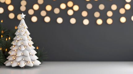 Wall Mural - festive white christmas tree with glowing lights.