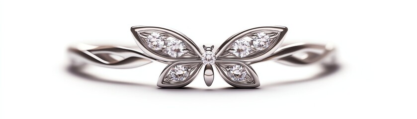 Wall Mural - Elegant silver butterfly ring with sparkling diamonds on a white isolated background.