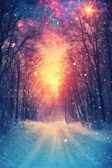 Majestic Winter Road: Snow-Covered Pathway Towards a Colorful Sunrise Beneath a Stunning Milky Way Galaxy
