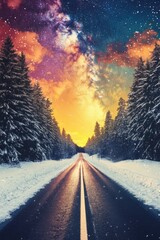 Wall Mural - majestic winter road: journey towards a colorful sunrise amidst snow-covered trees under the epic mi