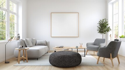 Poster - Cozy and Minimalist Scandinavian Styled Living Room with a Poster Frame Mockup Displayed on a Light Colored Wall Surrounded by Comfortable Furniture for a Peaceful Serene Atmosphere
