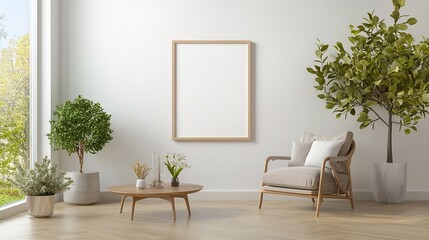 Poster - Stylish and modern 3D rendered interior of a living room with a minimalist empty picture frame mockup in standard A series paper size displayed on the clean white wall