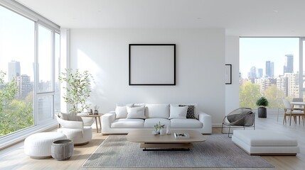 Fototapete - Bright and inviting living room with an empty frame mounted on the wall above a comfortable sofa decorated with modern and minimalist furniture and accessories creating a warm and serene atmosphere