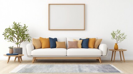 Poster - Bright and airy living room with sleek contemporary furniture and an empty frame mounted on the wall above a comfortable sofa creating a minimalist and stylish interior design