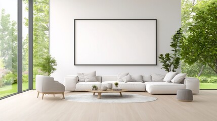 Fototapete - Tranquil Modern Minimalist Living Space with Artwork Mockup Wall Display  Cozy and comfortable interior design with clean lines natural materials and a serene inviting atmosphere