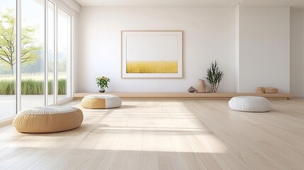 Fototapete - Beautifully lit living room featuring a large minimalist poster frame as the focal point surrounded by simple yet elegant home decor elements creating a serene and inviting atmosphere