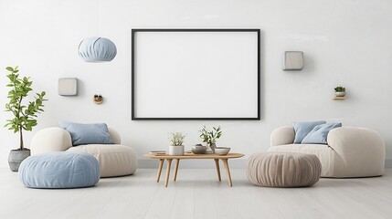 Poster - Cozy and Sophisticated Modern Living Room Interior with Soft Furniture Stylish Decor Accessories and a Blank Frame on the Wall for Customization