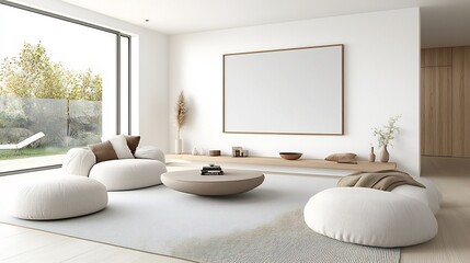 Poster - Cozy and Inviting Modern Living Room with a Blank Frame on the Wall Decorated with Soft Furniture and Stylish Accessories for a Peaceful and Refined Interior Design