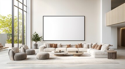 Aufkleber - Serene and Inviting Contemporary Living Room Interior with Blank Frame Mockup on the Wall Showcasing Soft Textures and Warm Natural Lighting