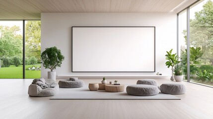 Fototapete - Minimalist and contemporary living room interior with a large blank frame mockup on the wall featuring soft textures and natural light creating a calm and serene ambiance