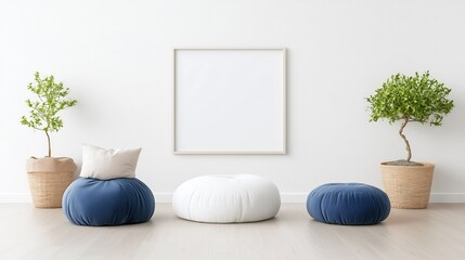 Poster - Showcasing a serene and modern living space with a stylish blank frame mockup mounted on the wall complemented by minimalist furniture and elegant home decor elements