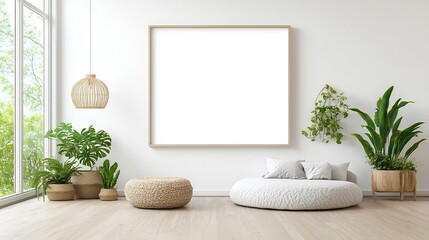 Poster - Cozy and trendy living room setting featuring a frame mockup with natural lighting potted house plants and a minimalist contemporary design aesthetic