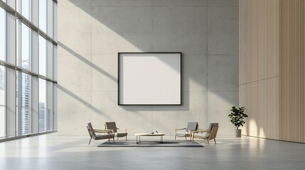 Fototapete - Serene and minimalist office space featuring a concrete wall with an empty frame and tall windows letting in natural sunlight creating a calming and productive work environment