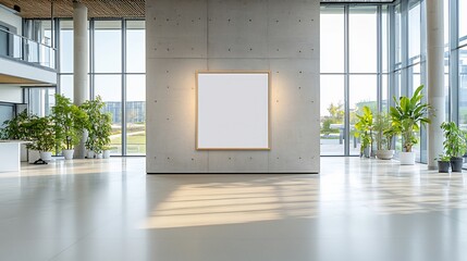 Fototapete - Spacious and bright modern office interior with a concrete wall and an empty poster frame illuminated by natural sunlight streaming in through large windows