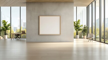 Fototapete - Spacious and inviting modern office interior with a concrete accent wall and an empty poster frame illuminated by the natural sunlight streaming through the large windows