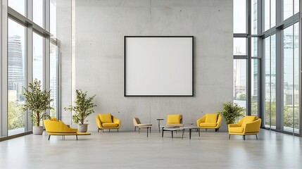 Poster - Bright and open modern office interior with an empty frame mounted on a concrete wall surrounded by natural light streaming in from floor to ceiling windows  A clean