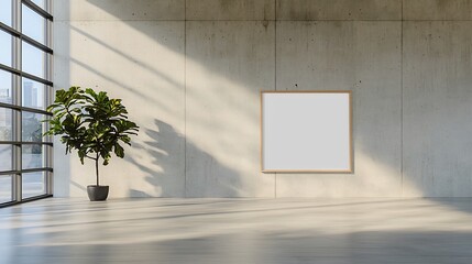 Poster - Spacious and bright industrial style office interior with concrete wall empty poster frame and soft natural sunlight streaming through large windows  Minimalist and serene workspace design
