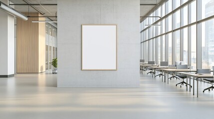 Poster - Spacious and modern industrial inspired office interior featuring a concrete wall an empty poster frame and soft natural sunlight streaming through the large windows creating a bright airy