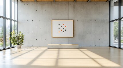 Poster - Bright and airy modern minimalist workspace with concrete walls an empty poster frame and large windows allowing warm natural sunlight to fill the space