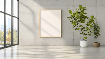 Poster - Bright and airy modern workspace with sleek concrete walls large windows allowing warm sunlight to flood the room and an empty poster frame in the center